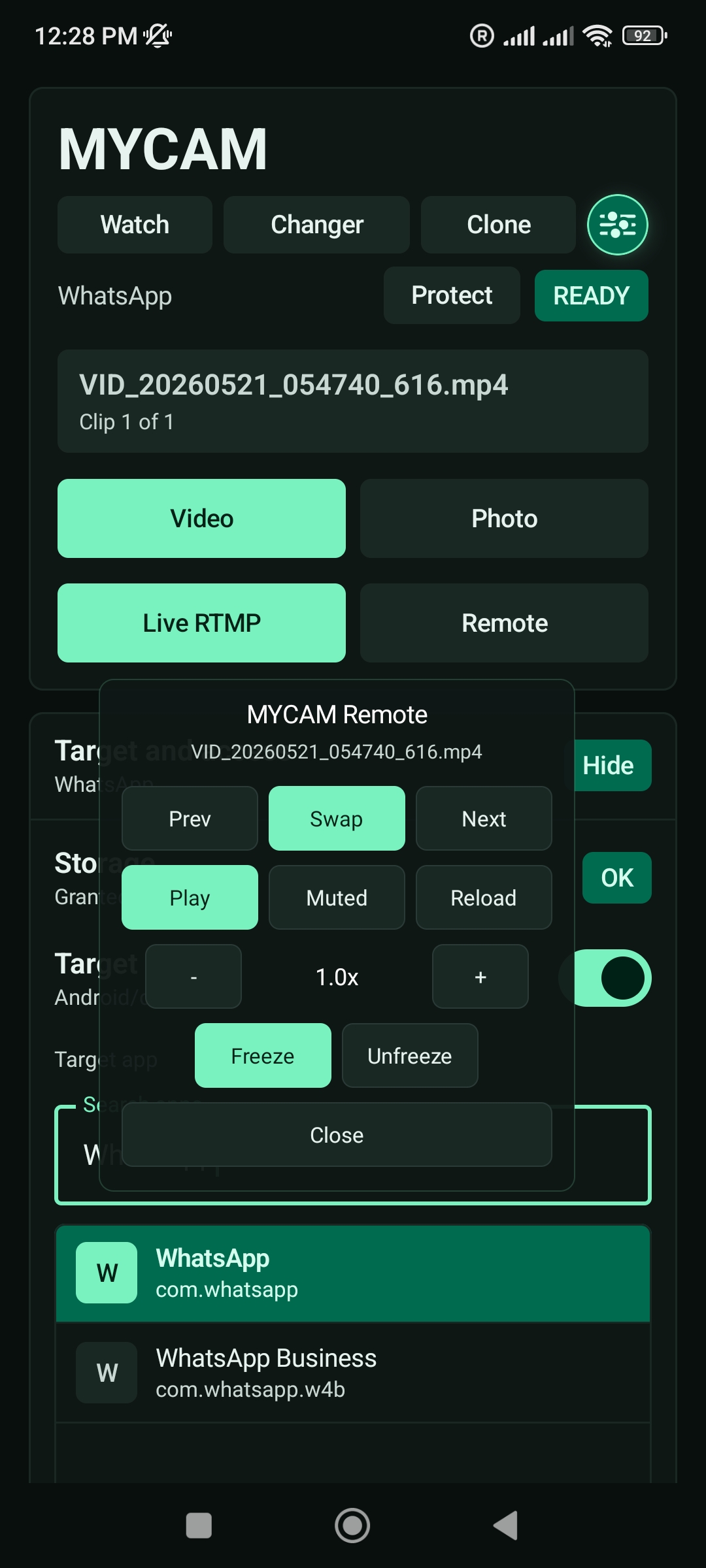MYCAM app screen with remote controls and Live RTMP option