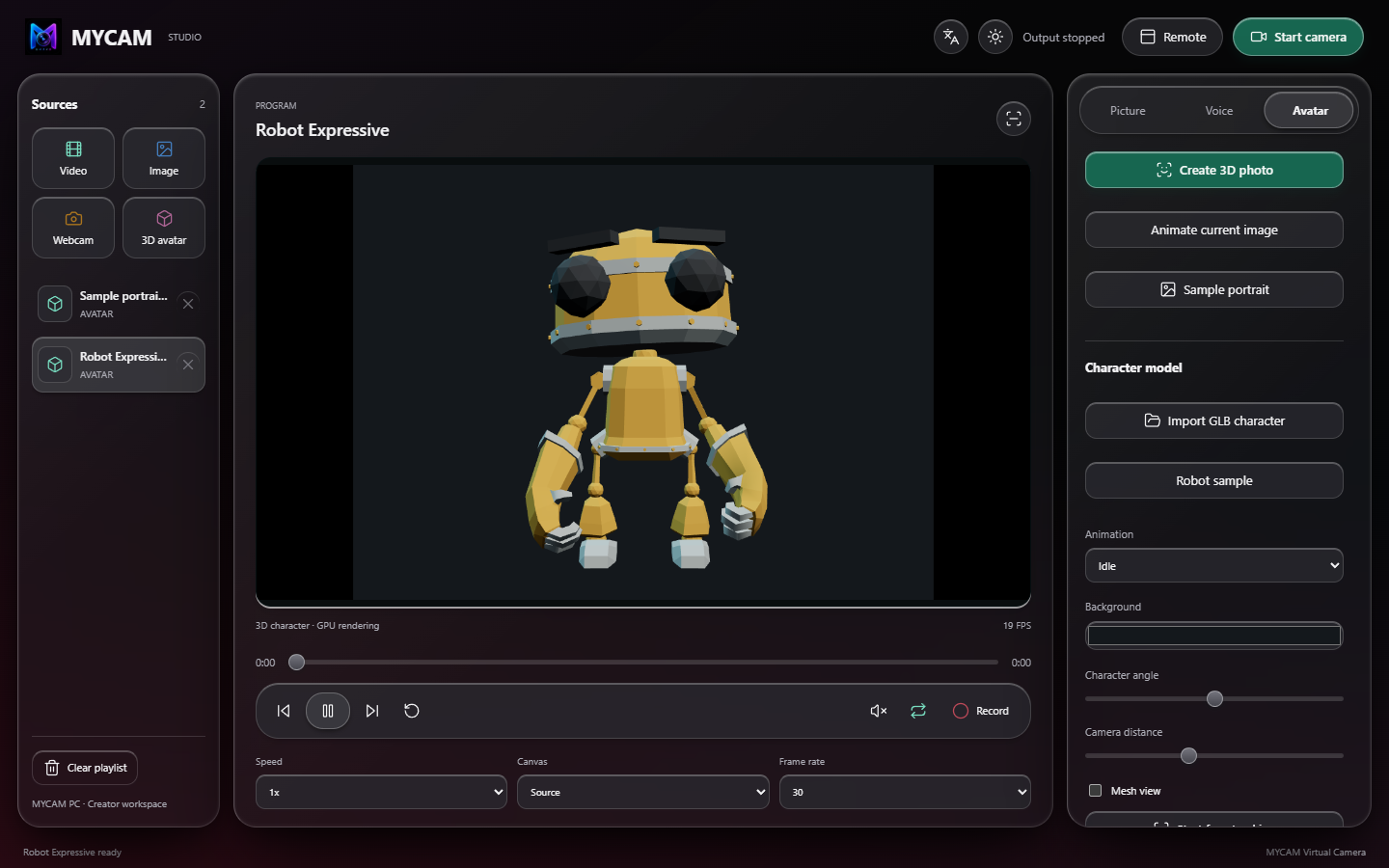 MYCAM PC Studio with source playlist, 3D character preview and avatar controls