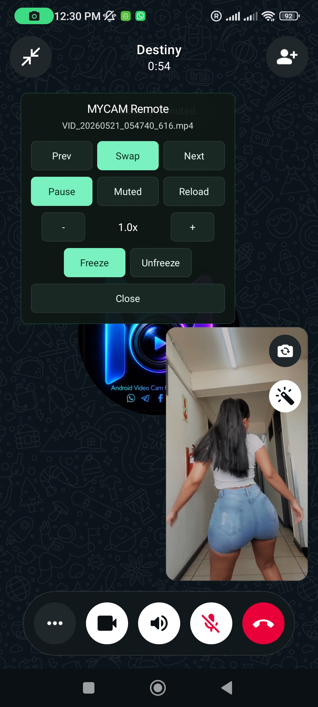 WhatsApp call using MYCAM remote controls and virtual camera video